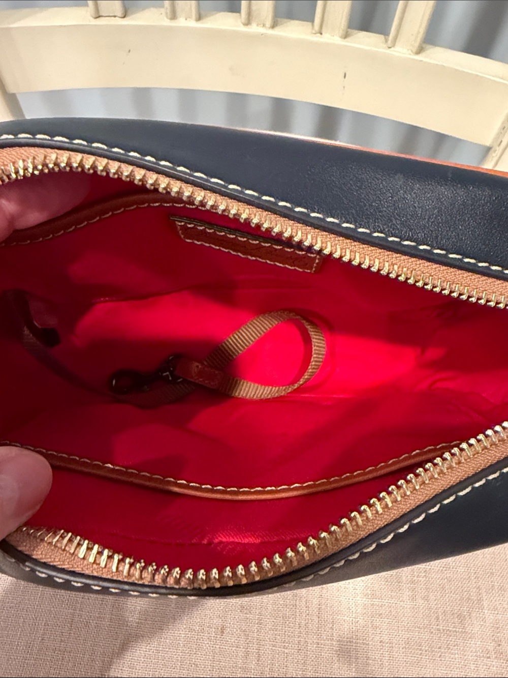 Dooney & Bourke Wexford Leather Demi Camera Zip Navy and Tan Leather Crossbody - Picture 4 of 7